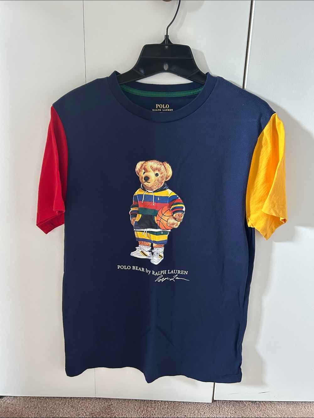 Polo by Ralph Lauren Navy Tee with Red & Yellow Sleeves and Bear Graphic